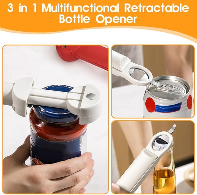 Stainless Steel Adjustable Screwer, 3 In 1 Multifunctional Retractable Bottle Opener Jar Opener for Weak Hands, Senior Arthritis (Red)