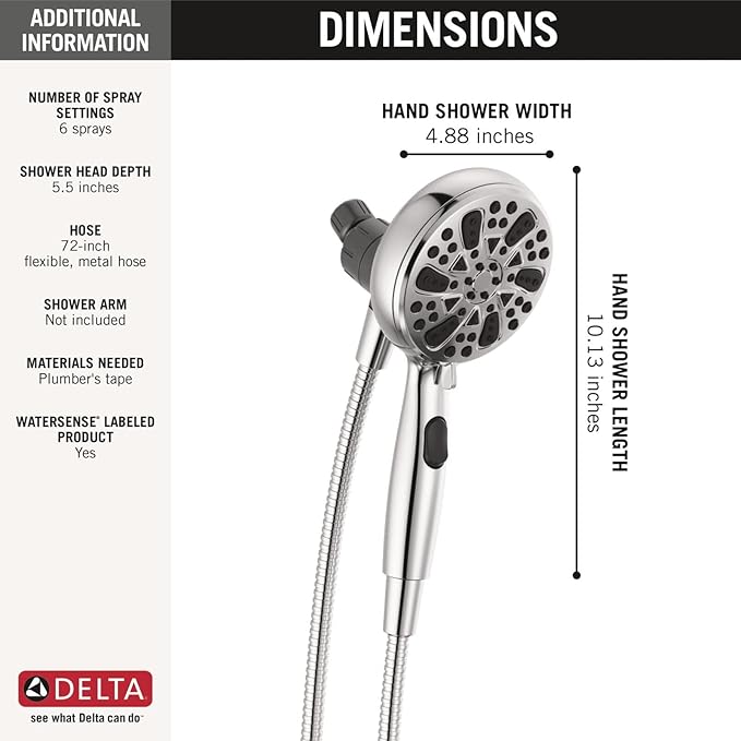 Delta Faucet 6-Spray SureDock Magnetic Shower Head with Handheld Spray, Chrome Shower Head with Hose, Showerheads & Handheld Showers, Handheld Shower Heads, MagnaTite Docking, Chrome 75609