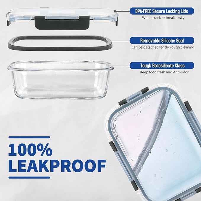 42pcs Glass Food Storage Containers with Lids Set, 21 Containers & 21 Lids Glass Meal Prep Containers with Snap Locking Lid Set, Leak Proof Lunch Container BPA-Free,Grey