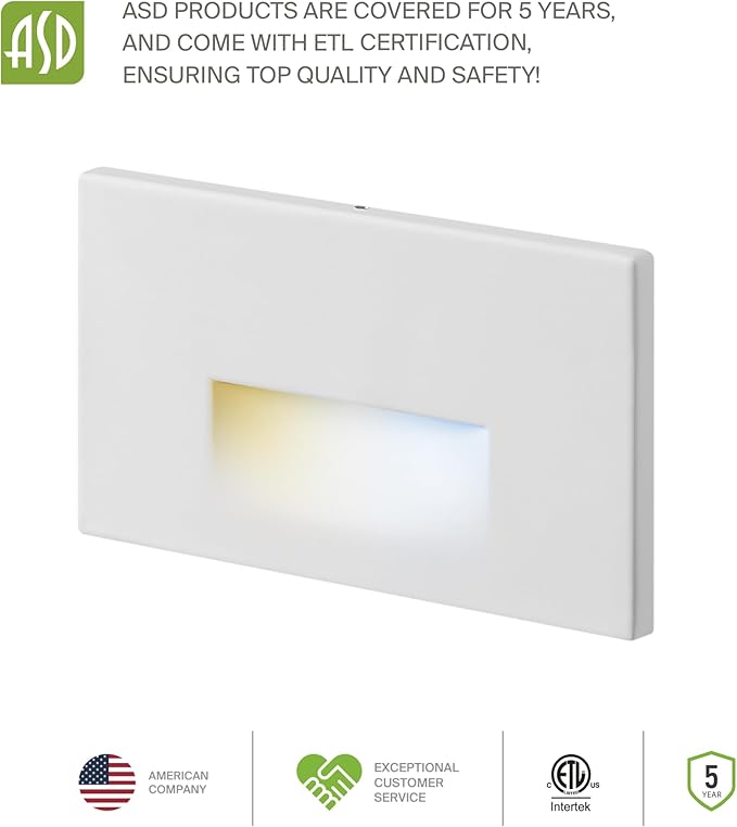 ASD LED Recessed Step Light Fixture, Dusk To Dawn Outdoor Stair Tread Lighting | 3CCT, Photocell, Waterproof, ETL Listed | 3W 120LM 3000K-5000K 120V | Staircase Hardwired Illumination | White, 12 Pack