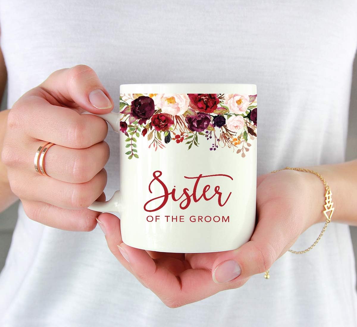 Andaz Press 11oz. Wedding Ceramic Coffee Tea Mug Gift, Fall Autumn Marsala Burgundy Flowers Roses Florals, Sister of the Groom, 1-Pack, Includes Gift Box