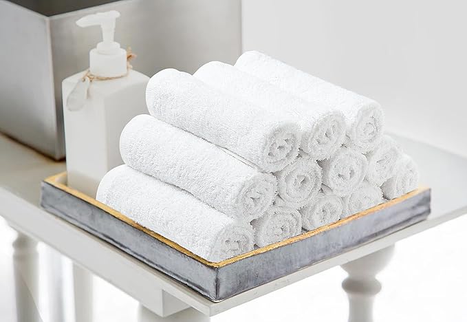 Avalon Towels Cotton Washcloths – (Pack of 48) Size 12x12 Inches, 100% Ring Spun Cotton, Soft & Absorbent Face Towels, Gym Towels, Hotel and Spa Quality, Reusable Fingertip Towels (White)