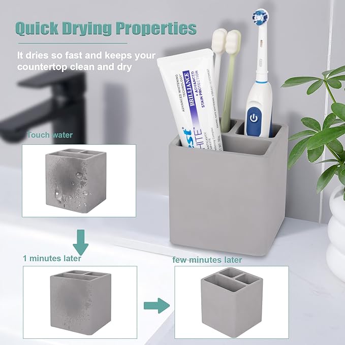 Diatomite Toothbrush Holders for Bathrooms, Electric Toothbrush and Toothpaste Holder 3 Slots Tooth Brush Organizer for Bathroom Countertop, Shower, Vanity - Dark Grey