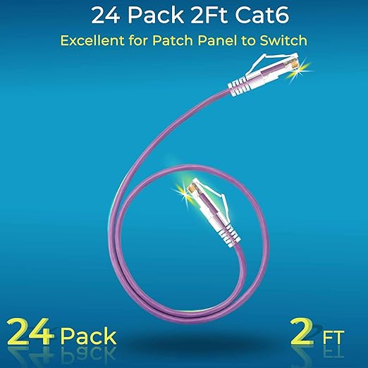 Rapink Patch Cables Cat6/ Cat6a 2ft (24 Pack) Slim, Cat6a Ethernet Patch Cable 20G Support, Snagless Cat 6 Patch Cable for Patch Panel to Switch, Flexiable Cat6 Ethernet Cable Purple