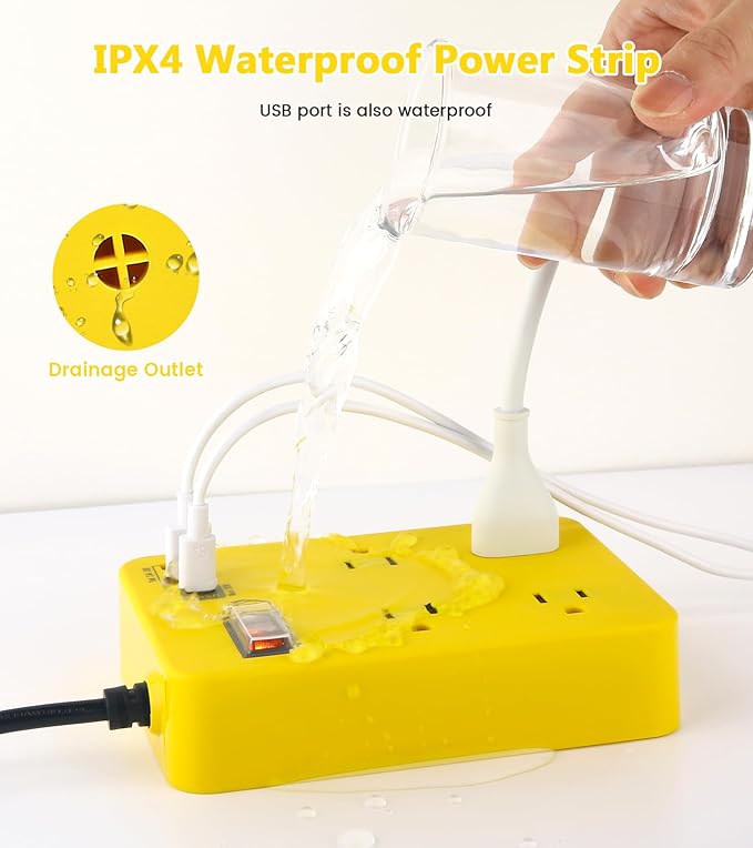 Outdoor Power Strip Weatherproof,Fast Charging Station 20W USB C,Waterproof Surge Protector 4 Outlets, Multi Outlet Extension for Camping, Garden, Kitchen,Bathroom,Flat Plug (Yellow, 10 FT Cable)