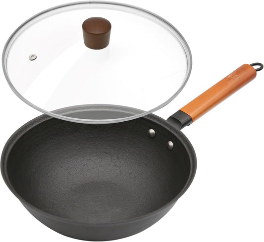 Nonstick Frying Wok Pan Hybrid, 9 Inch Preseasoned Deep Stir Fry Pan Skillet with Glass Lid, Traditional Chinese Cast Iron Wok, No Coated Saucepan for Induction, Electric, Gas, Grill Stoves