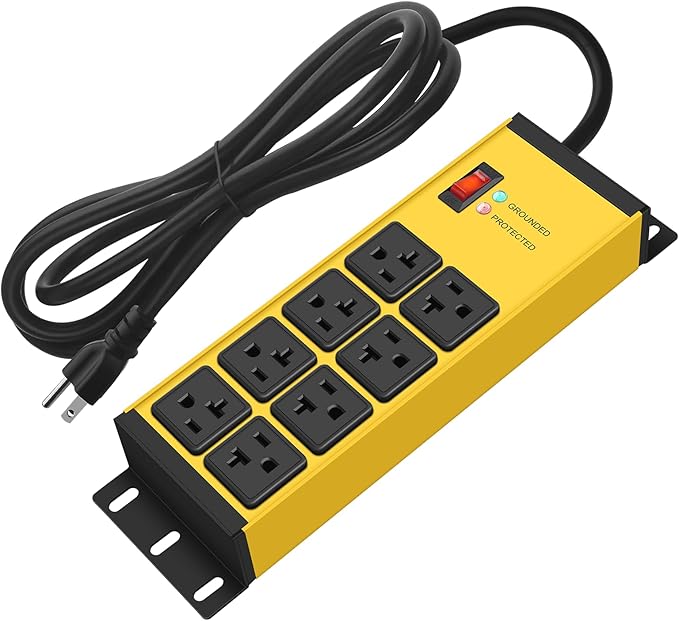 CCCEI Magnetic Heavy Duty Power Strip Surge Protector 20Amp, 12 Gauge High Amp Extension Outlets, Garage Wall Mount 8 Plug Metal Power Strip. 6FT, Yellow, 5-15P Adapter 6-20R T-Slot 20a for Appliance