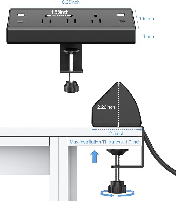 Desk Clamp Power Strip,40W Fast Charging Station,Desktop Mount Surge Protector,2 PD 20W USB C Ports,3 Outlets for Home,Office,Fit 1.9" Tabletop Edge (Black, 3 Outlets & 4 USB Ports & 10 FT Cable)