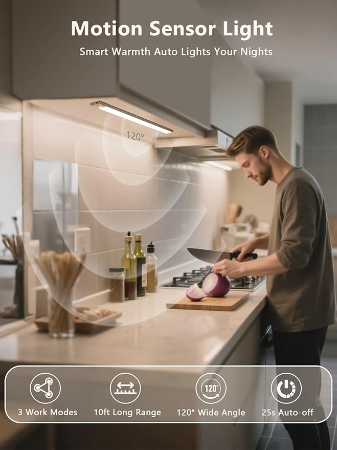 Under Cabinet Lighting, LED Rechargeable Motion Sensor Closet Lights, 3 Color Temps Under Counter Lights, Wireless Dimmable Magnetic Battery Operated Light Indoor for Kitchen, Stairs, Pantry