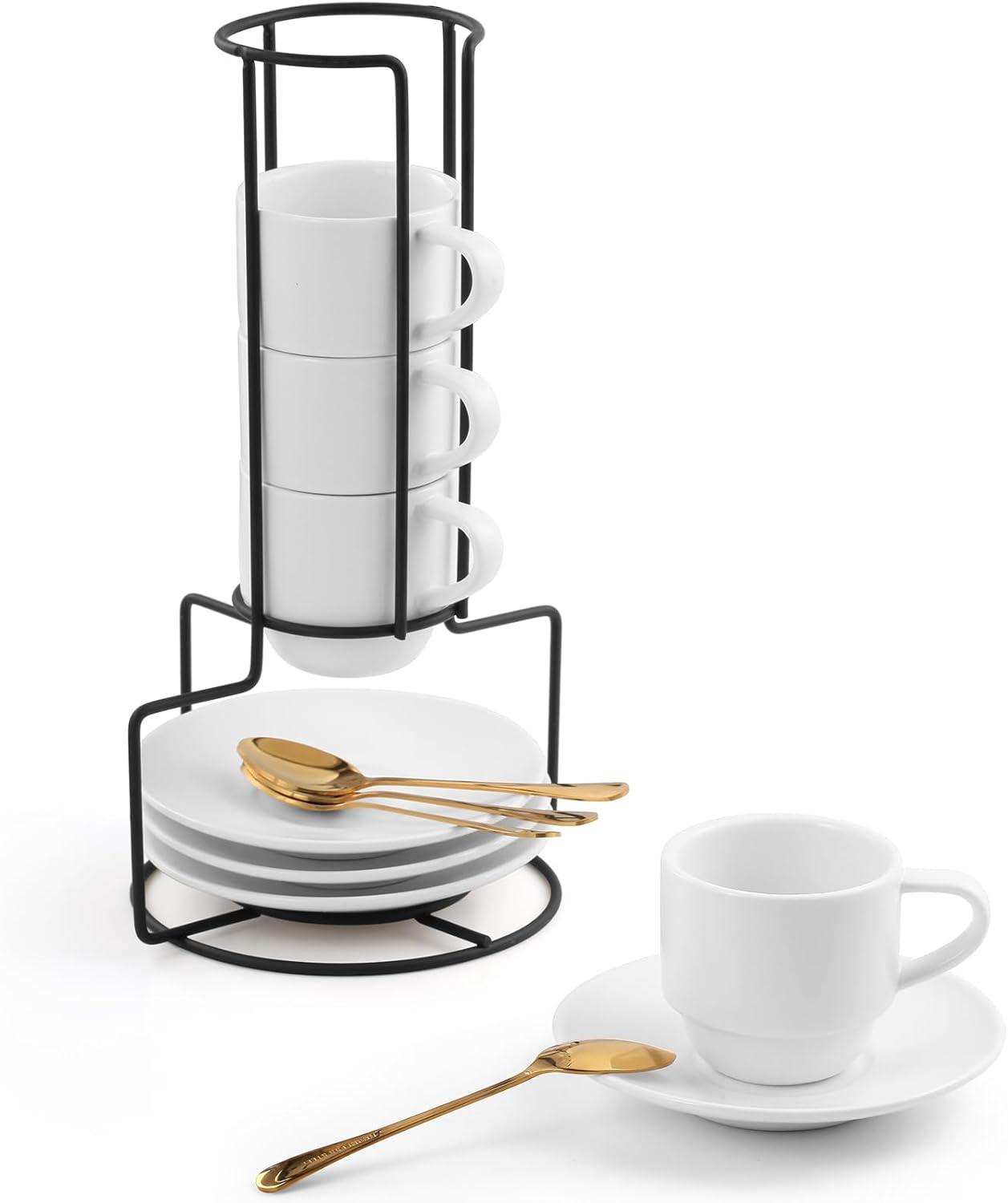 Lareina 3-Ounce Espresso Cups with Saucers, Spoons and Metal Stand, Small Stackable Coffee Cups Set of 4, Ceramic Demitasse Mugs, White