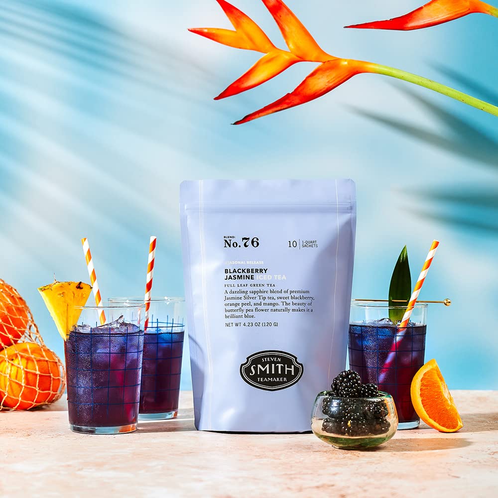 Steven Smith Teamaker Blackberry Jasmine Iced Tea No. 76 Refreshing, Caffeinated, Sustainably Grown Organic Full Leaf Green Iced Tea, 10 Count, 1 Quart Sachets