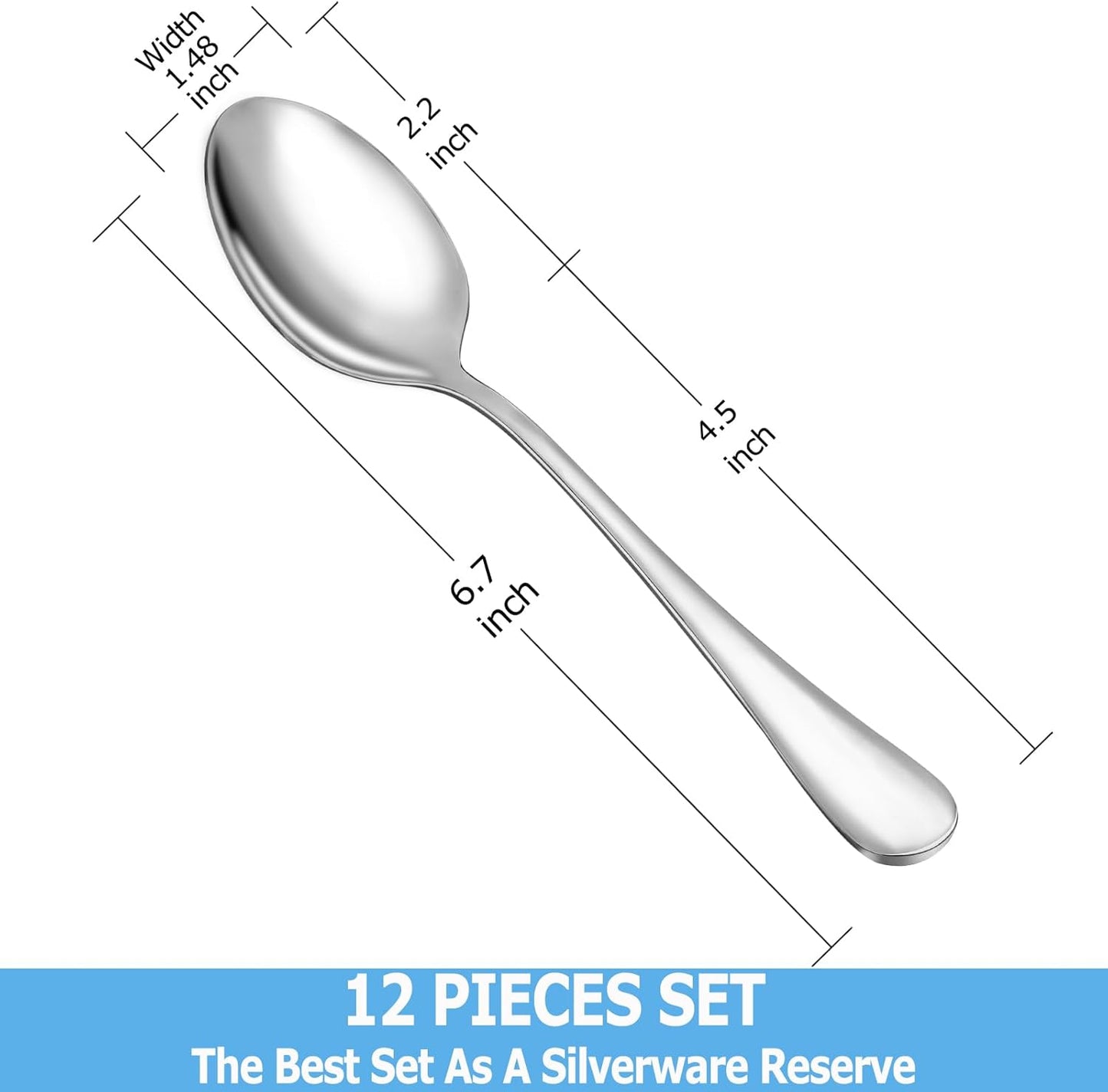 12 Piece Teaspoons Set,Food Grade 18/10 Stainless Steel Tea Spoons,Durable Small Spoons,Metal Dessert Spoon,Spoons Silverware for Home,Kitchen or Restaurant,Mirror Polished & Dishwasher Safe,6.7-Inch