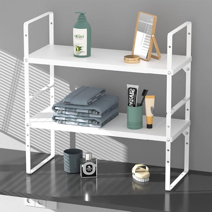 SANNO Expandable Kitchen Shelf Organizers, Cabinet Cupboard Storage Shelf Rack,Stackable Counter Shelf Organizer Space Riser Pantry Cupboard Storage Rack, White, 2 Pack