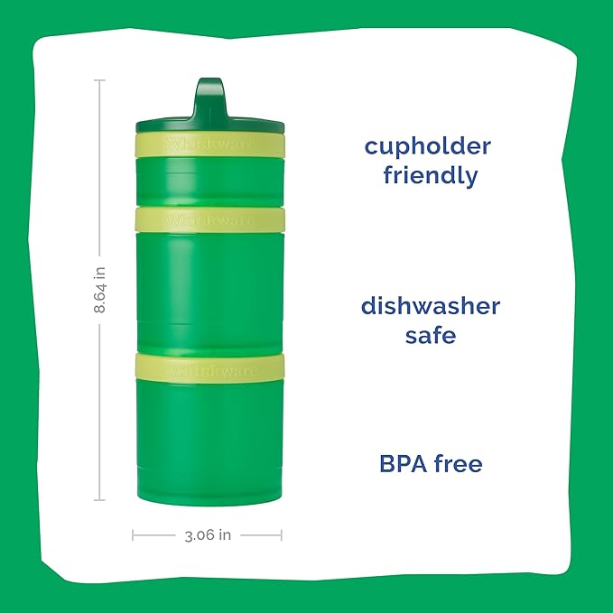 Whiskware Stackable Snack Containers for Kids and Toddlers, 3 Stackable Snack Cups for School and Travel, Green/Yellow/Green
