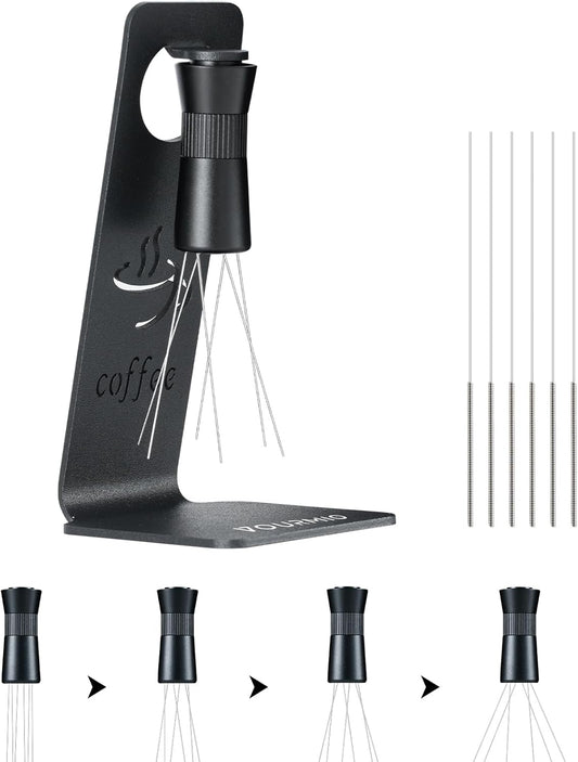 WDT Tool - Coffee Distribution Tool with Magnetic Stand, Adjustable Range Espresso Stirrer, 304 Stainless Steel 6 Needles 0.4mm and 6 Extra Needles 0.25mm