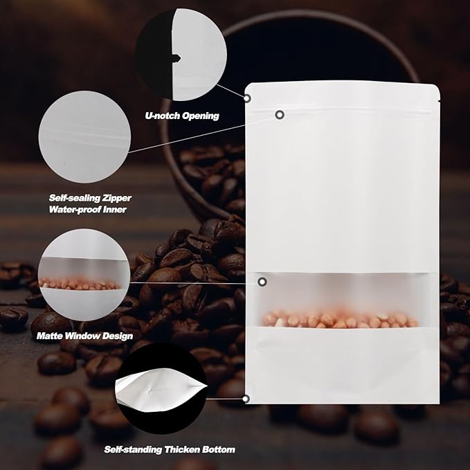 100 PCS Resealable Bags, Stand Up Kraft Paper Bags with Matte Window, Zipper Lock Food Storage Bags for Small Business and Home, 3.54 * 5.51 Inch Reusable Sealable Bags for Packaging -White