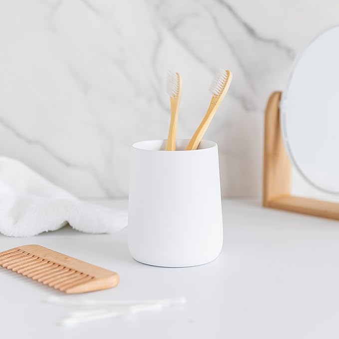 Matte White Toothbrush and Toothpaste Holder and Cup for Bathroom Vanity and Countertop, Round Organizer for Electric Toothbrushes, Floss, Razors, Cotton, and Mouthwash