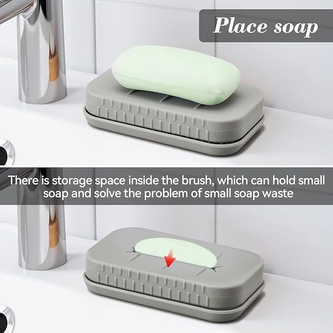 2-in-1 Silicone Soap Holder & Brush Set with Built-in Soap Saver Compartment, Includes a leak-proof soap tray+body brush, Unbreakable&Noise-Free, Soap Dish with Soft Brush, Brush with Soap Dish (grey)
