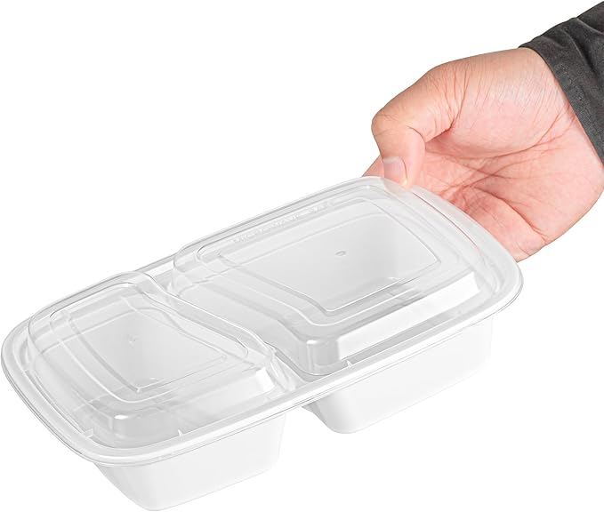Restaurantware Asporto 32 Ounce Compartment Take Out Boxes, 50 Microwavable Meal Prep Containers - 2 Compartments, With Clear Plastic Lids, White Plastic Food Containers, Do Not Contain BPA
