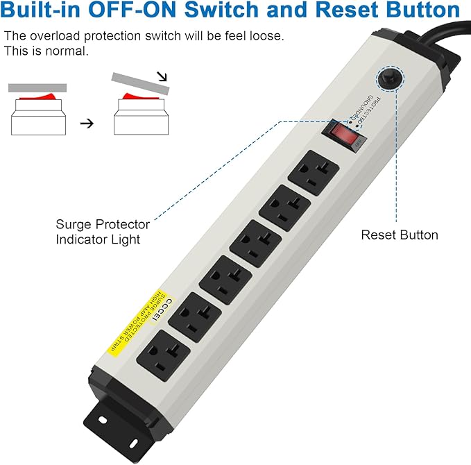 CCCEI 12 Gauge Heavy Duty Power Strip Surge Protector 4800J, 20 Amp 6 Plug Industrial Shop Garage Metal Multiple Outlets, 15 FT Extension Cord 5-15P Adapter High Amp 6-20R T-Slot 20a for Appliance.