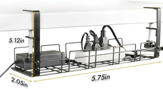 Under Desk Cable Management 2pack Kit- 15.7'' Long 5.1'' Wide Tray, Steel Cord Organizers, 4 Cable Holder, 12 Roll Cable Organizer Straps, No Drill, No Damage to Desk(Black)