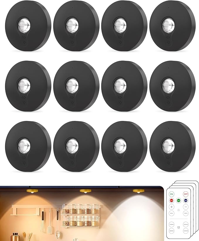 Rechargeable Puck Lights with Remote Control, 1500mAh Battery Operated Dimmer&Timer Under Cabinet Wireless Stick on Lights for Bedroom, Kitchen - Black 12Pcs