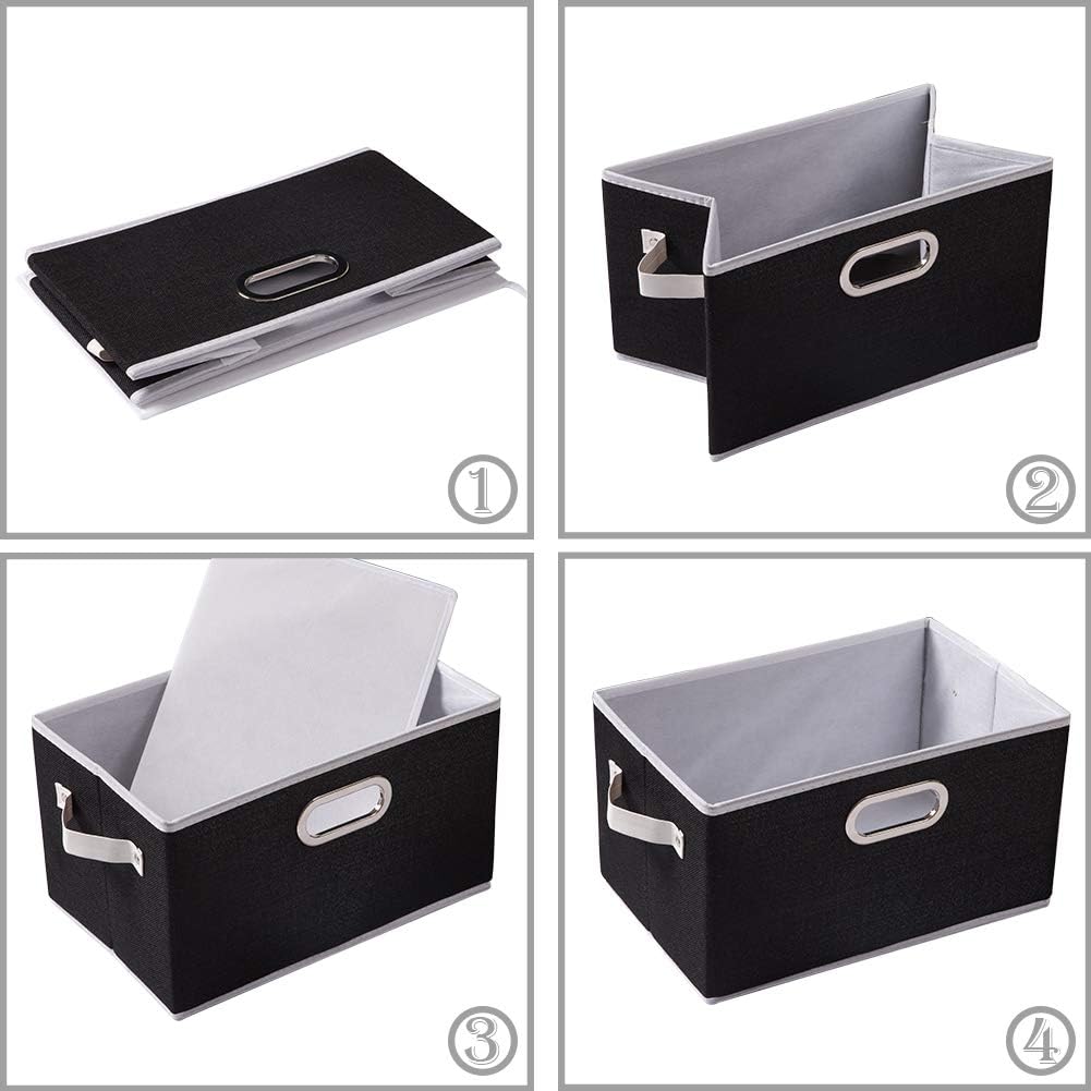 PRANDOM Large Collapsible Storage Bins for Closet [5-Pack] Decorative Fabric Storage Baskets Cubes with Leather/Metal Handles for Shelves Bedroom Living Room Black (14.9x9.8x8.3 Inch)