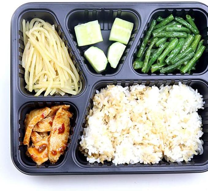 Hemoton 15pcs Disposable Bento Box 5 Compartment Meal Prep Container with Lid Microwave Heating Food Box for Home Restaurant (Black)