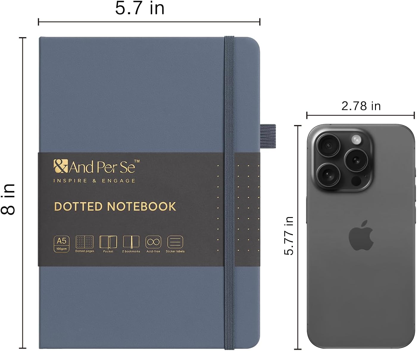&And Per Se Dotted Journal Notebook, A5 Hardcover Bullet Dotted Journal, 160 Pages 100 gsm Thick Dotted Paper, 3 Sheets of Stickers Included - 5.7'' x 8''（Dark Blue）