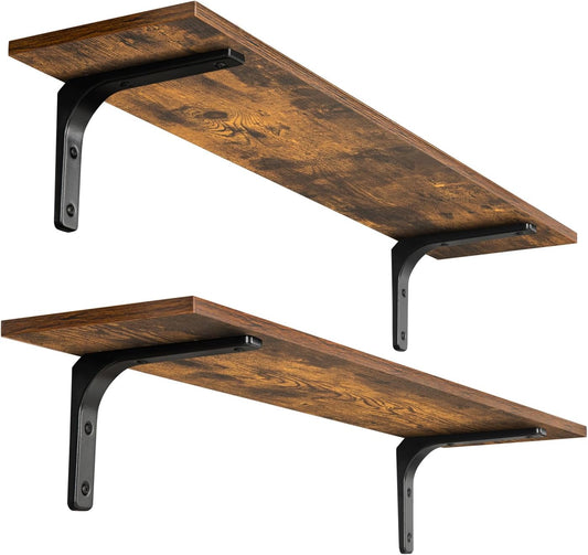 DINZI LVJ Long Wall Shelves, 31.5 Inch Wall Mounted Shelves Set of 2, Easy-to-Install, Wall Storage Ledges with Sturdy Metal Brackets for Living Room, Bathroom, Bedroom, Kitchen, Rustic Brown