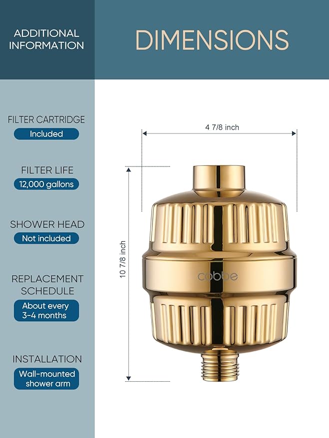 Cobbe HD HEAVY DUTY High Output Shower Filter – 99% REMOVAL Shower Head Filter for Hard Water, Heavy Metals, Chlorine and Harmful Substance, Improve your skin and hair - Egyptian Gold