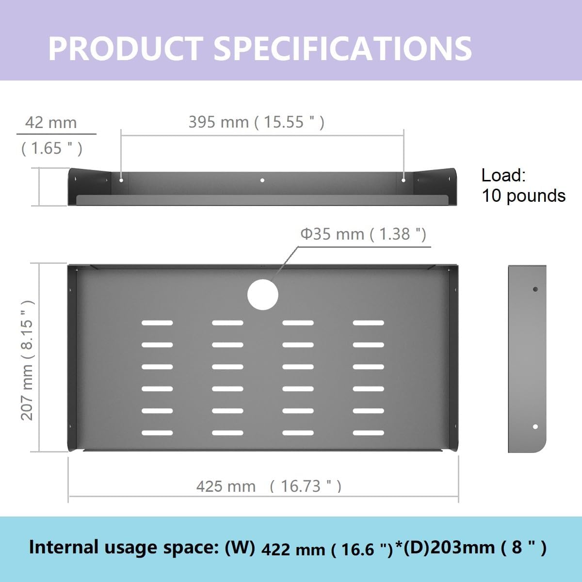 JINGCHENGMEI Metal Floating Wall Mounted Shelf Bracket for AV, TV Accessories, WiFi Router, TV Box, Cable Boxes, DVD Player, Games Consoles or Other Small Projectors (16.6 inches Width)