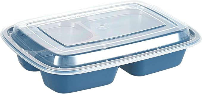 Restaurantware Asporto 26 Ounce Compartment Take Out Boxes, 100 Microwavable Meal Prep Containers - 3 Compartments, With Clear Plastic Lids, Midnight Blue Plastic Food Containers, Do Not Contain BPA