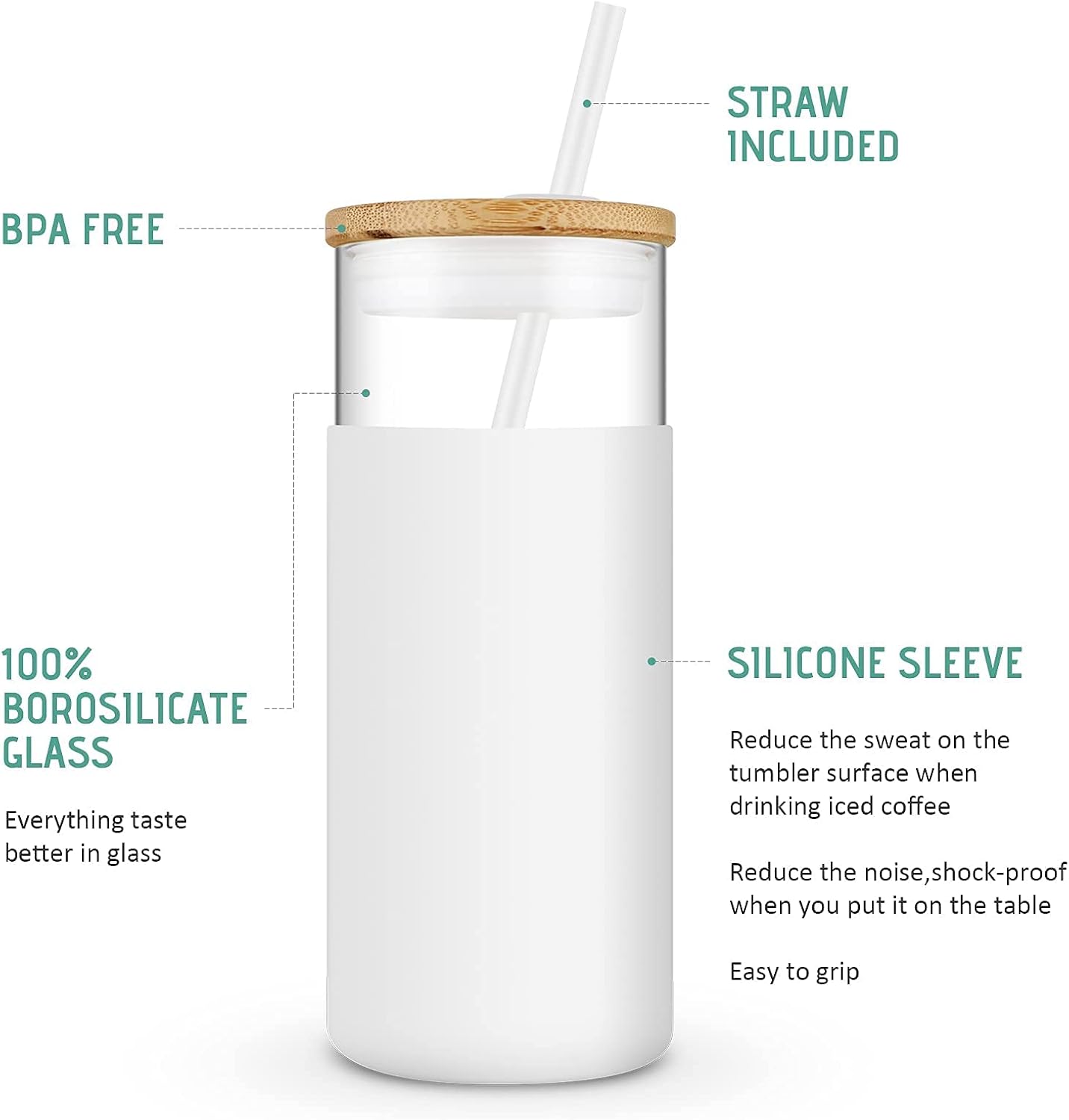 Tronco 20 oz Glass Tumbler Glass Water Bottle Straw Silicone Protective Sleeve Bamboo Lid - BPA Free -White Amber/ 4 Pack