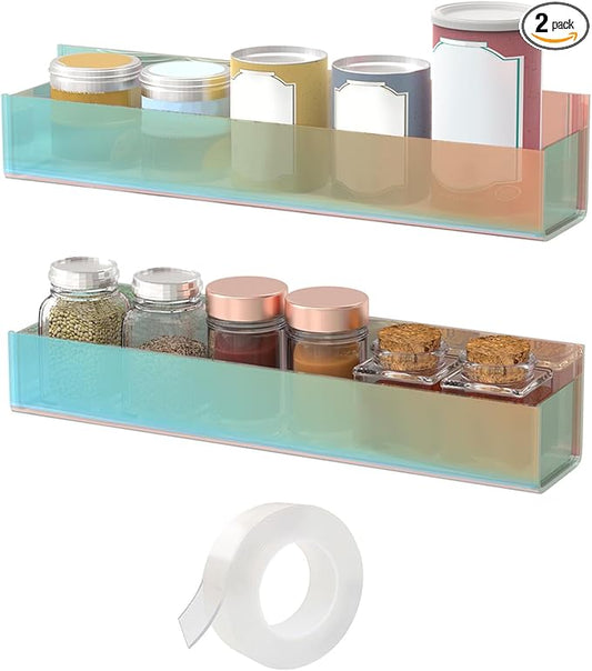 VAEHOLD Adhesive Acrylic Spice Rack with Nano Double Sided Tape Wall Mount Organizer, Wall Spice Rack With Shelf Ends for Kitchen Cabinet Door - 2 Pack 12‘’ Shelves (Colorful)