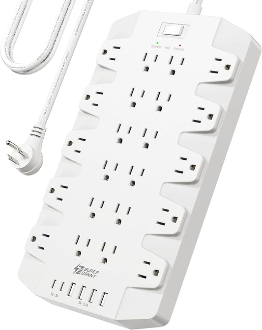 Power Strip, SUPERDANNY Surge Protector with 22 Outlets, 2 USB-C and 4 USB-A, 2100J, 6.5Ft Flat Plug Heavy Duty Extension Cord (1875W/15A), Wall Mountable for Home, Office, Dorm, Gaming Room, White