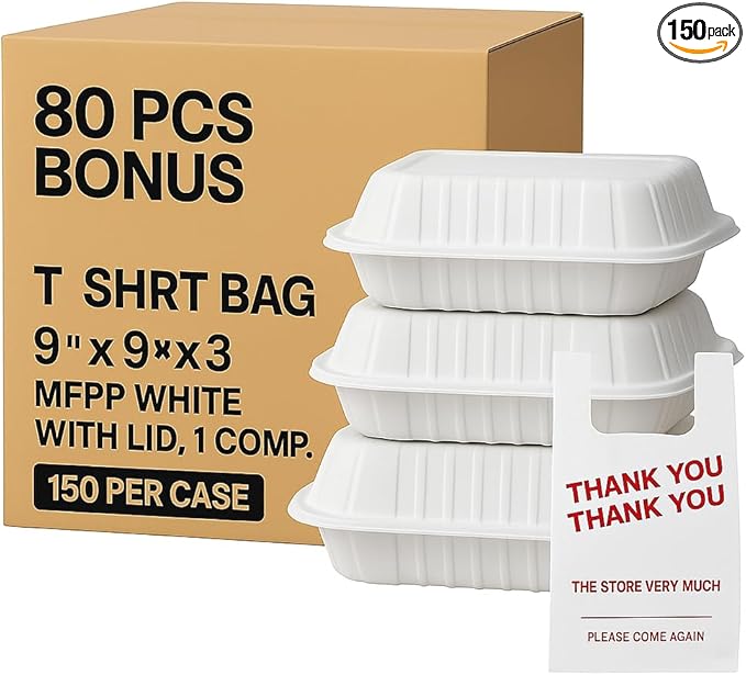 Darong 9x9x3 Clamshell Food Containers with Lids – 150 per Case + 80pcs Bonus Thank You T-Shirt Bags | Disposable Takeout Boxes, 1 Compartment, Microwave & Refrigerator Safe, 100% Recyclable