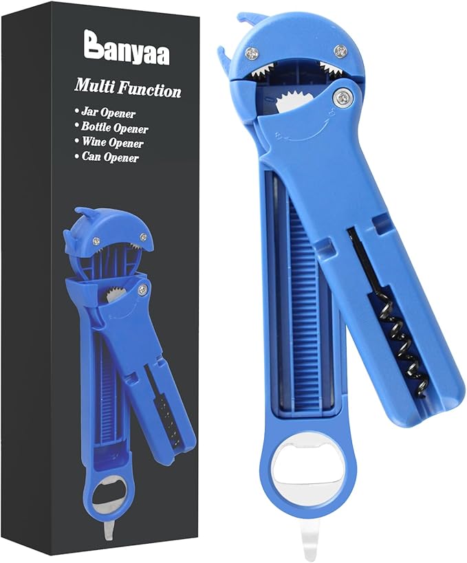 7 in 1 Jar Opener Bottle Opener and Wine Opener for Seniors with Arthritis, Weak Hands, Multi Retractable Magnetic Can Opener, Original Kitchen Lid Opener Tool (Blue)