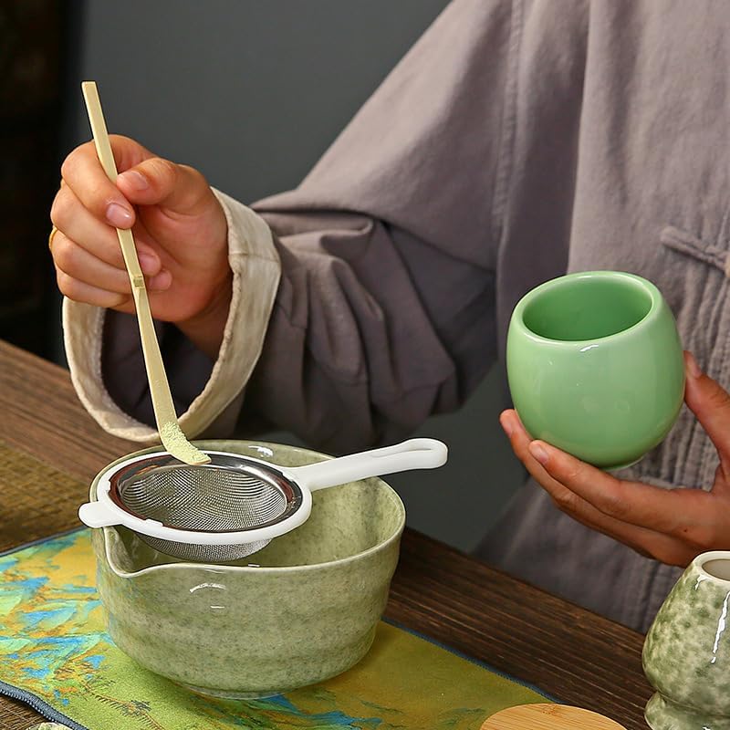 6-Piece Matcha Whisk Set, Japanese Bamboo Chasen, Scoop & Sifter, Traditional Ceremonial Kit with Ceramic Bowl, Whisk Holder Stand, Chakin Cloth (Ceramic glaze blue)