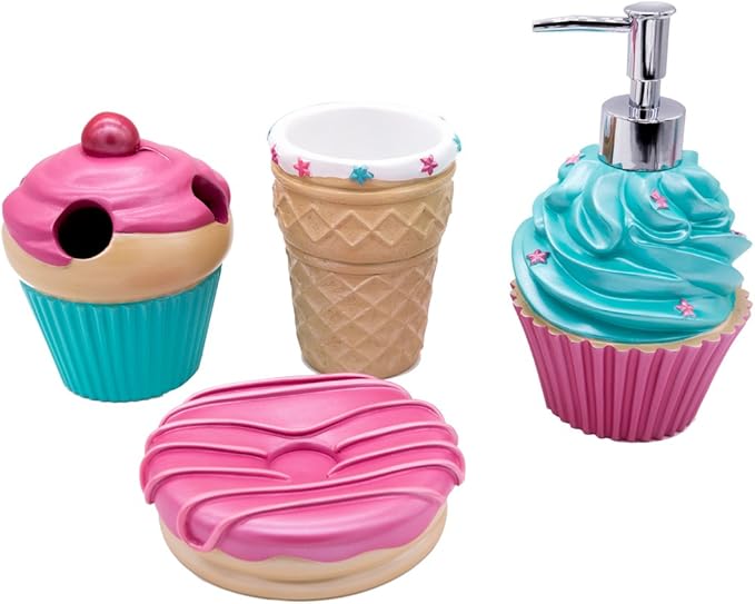 Bathroom Accessories Sets Organizer Complete with Milkshake Lotion/Soap Dispenser,Egg Tube Bath Cup/Tumbler,Donut Soap Dish,Cake Toothbrush Holder for Kids Bath Decor (Pink)