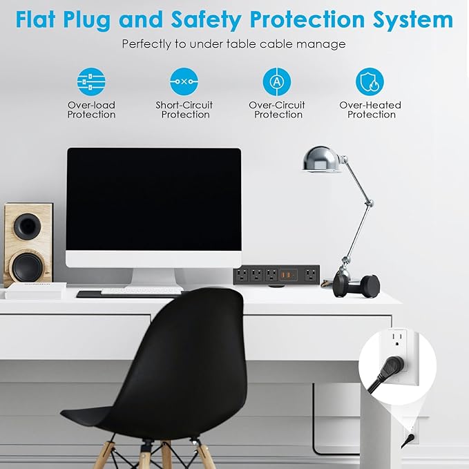 CCCEI Desk Clamp Power Strip with 45W USB-C Ports, Desktop Mount Surge Protector 1200J, Widely Spaced Desk Outlet Station, Fast Charging, 6 FT Flat Plug, Fit 1.9 inch Tabletop Edge.