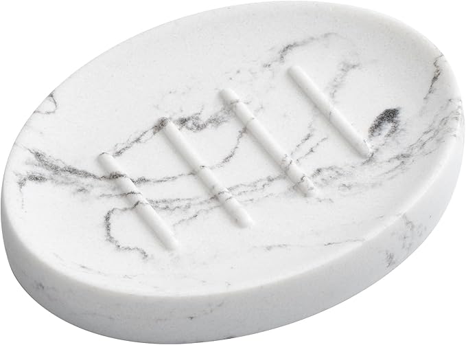 Resin Soap Dish Bathroom,Marble Look Soap Holder for Shower,Soap Tray for Kitchen Sink(Marble White)