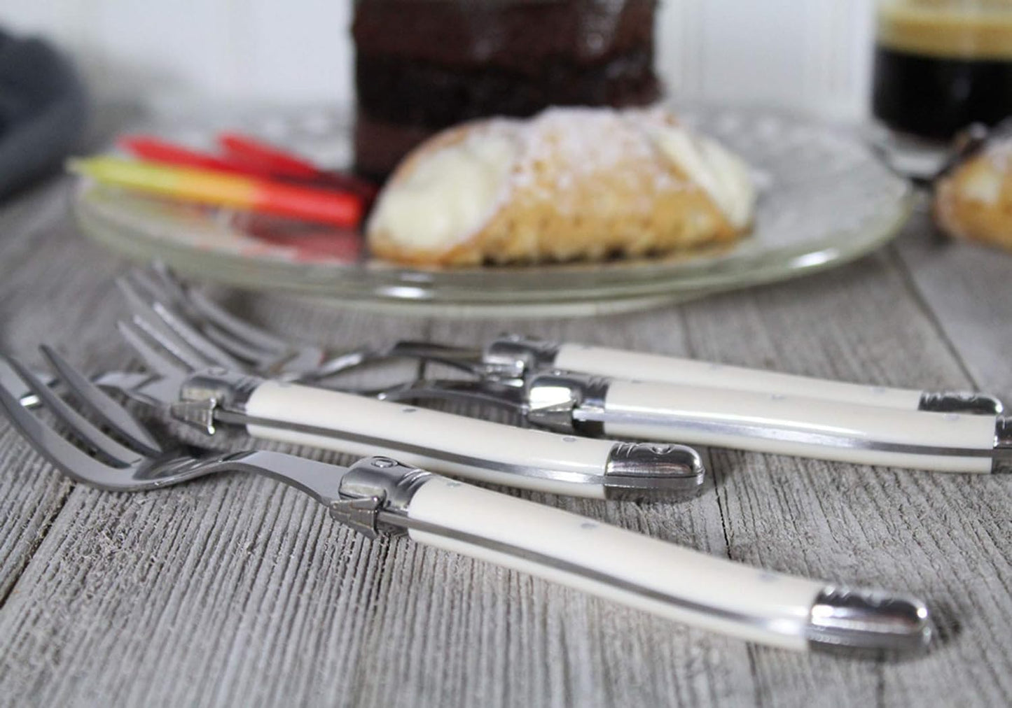 French Home Laguiole 4-Piece Cake Forks Set – Sophisticated Stainless Steel Forks with Ivory-Colored Handles – Laguiole Flatware Set for Cake, Fruit, or Appetizers (6.75")