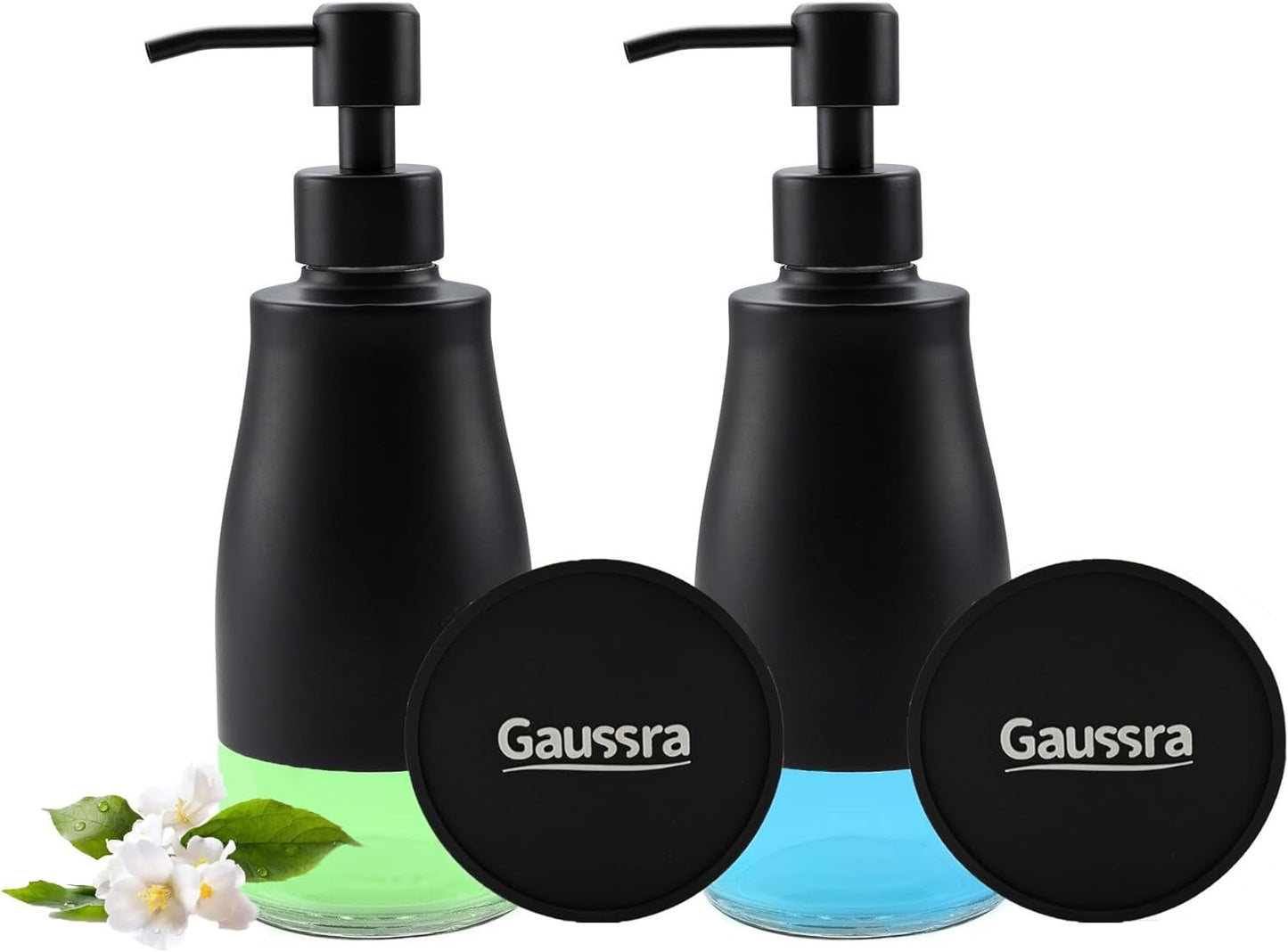 Black Soap Dispenser with Coaster and Stickers, Dish Soap Dispenser for Kitchen, Hand Soap Dispenser for Bathroom, 304 Stainless Steel Glass Lotion Dispenser (2 Pack)