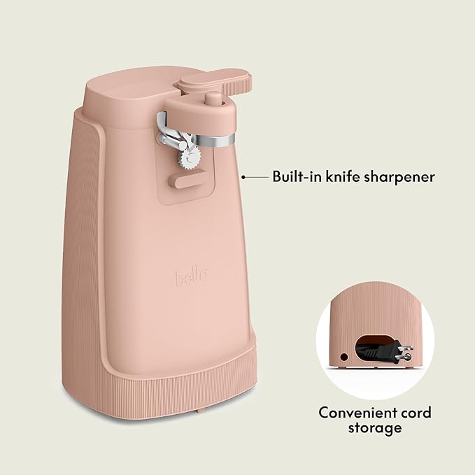 bella Electric Can Opener and Knife Sharpener, Multifunctional Jar and Bottle Opener with Removable Cutting Lever and Cord Storage, Stainless Steel Blade, Blossom