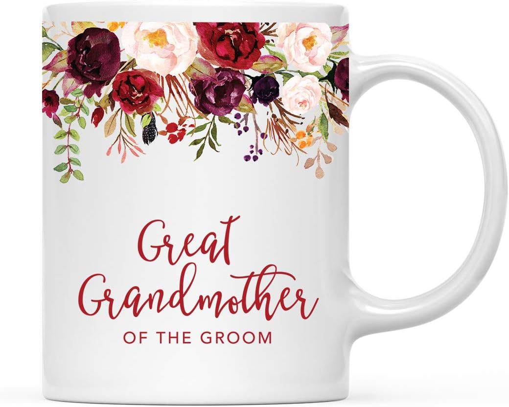Andaz Press 11oz. Wedding Ceramic Coffee Tea Mug Gift, Fall Autumn Marsala Burgundy Flowers Roses Florals, Great Grandmother of the Groom, 1-Pack, Includes Gift Box