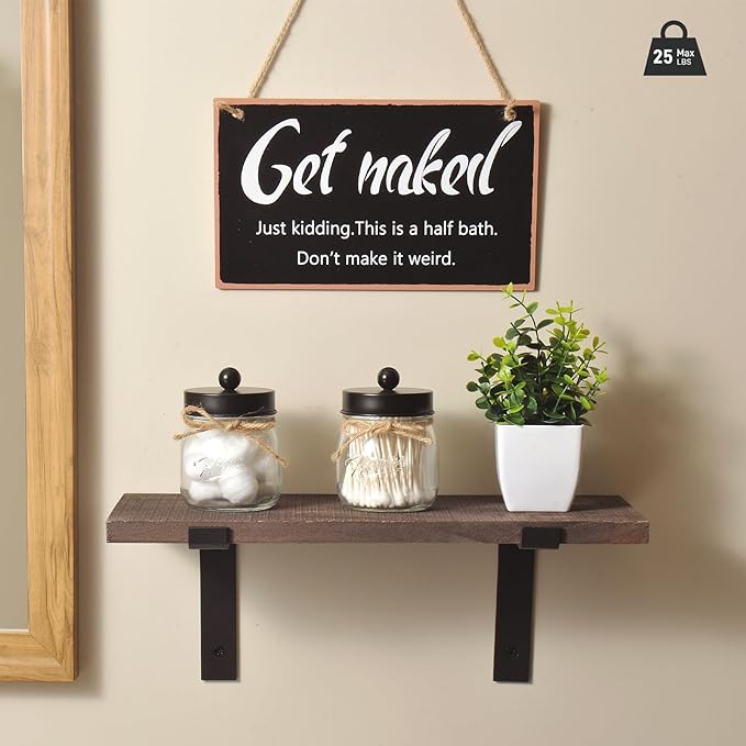 SheeChung Mason Jar Bathroom Accessories Set with Floating Shelves, Soap Dispenser, Toothbrush Holder, Qtip Holders, Paper Storage, Artificial Plant, Decor Sign, Farmhouse Bathroom Decor-Rustic Brown