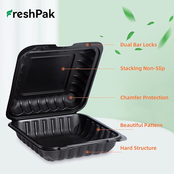 FRESHPAK Takeout Containers Mineral Filled PP - 55 Pack 8x8 34 oz Shrink Wrap BPA Free Plastic | Stackable Meal Prep Clamshell Food Container | Reusable Microwave Safe Leftovers | Catering Lunch Box