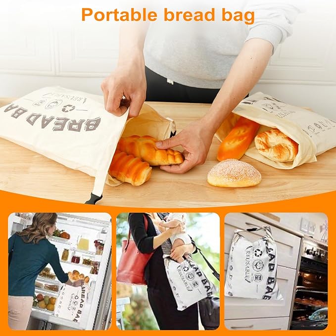 2 Pack Reusable Beeswax Bread Bags, 17 x 12 Inch Natural Cotton Reusable Bread Bags, Large Capacity Snap-on Beeswax Bread Storage Bags, Food Storage Cloth Bags, Freezer Safe