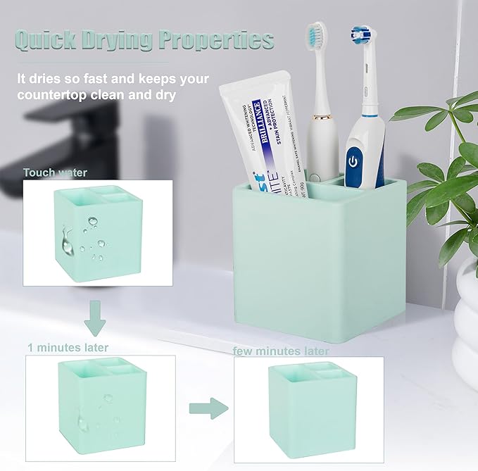 Diatomite Toothbrush Holders for Bathrooms, Electric Toothbrush and Toothpaste Holder 3 Slots Tooth Brush Organizer for Bathroom Countertop, Shower, Vanity - Green